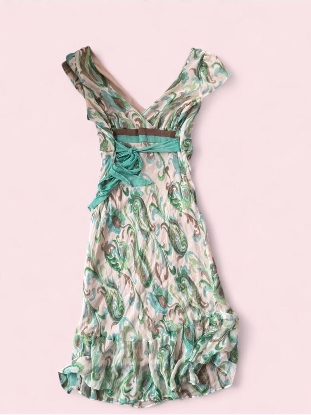 Y2K Jonathan martin Cream and Teal Paisley Tie-Waist Midi Dress